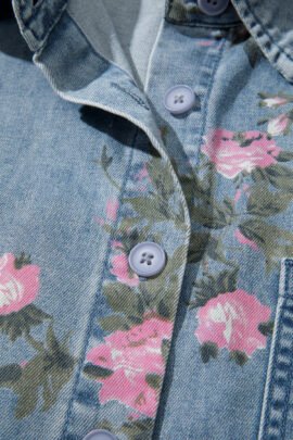 Blue Bracelet Sleeve Floral Denim Shirt - Image 7