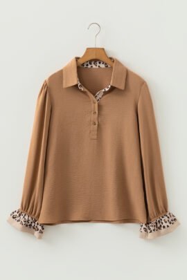 Camel Contrast Leopard Print Patchwork Polo Collar Buttons Front Ruffled Long Sleeve Blouse Camel Contrast Leopard Print Patchwork Polo Collar Buttons Front Ruffled Long Sleeve Blouse - Image 3