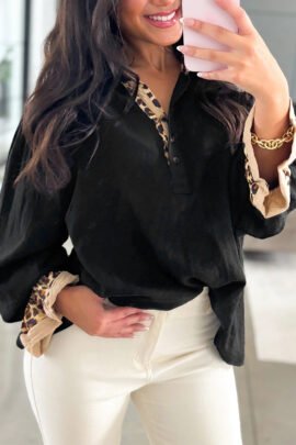Camel Contrast Leopard Print Patchwork Polo Collar Buttons Front Ruffled Long Sleeve Blouse Camel Contrast Leopard Print Patchwork Polo Collar Buttons Front Ruffled Long Sleeve Blouse - Image 5