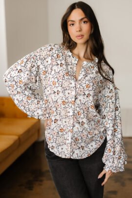 Khaki Bold Floral Print Frilled Puff Sleeve Button Down Shirt - Image 5