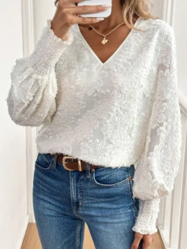 Textured Eyelash Lace V-Neck Blouse - Image 3