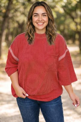 Fiery Red Twist Ribbed Tunic Round Neck Bracelet Sleeve Plus Size Blouse Fiery Red Twist Ribbed Tunic Round Neck Bracelet Sleeve Plus Size Blouse - Image 3