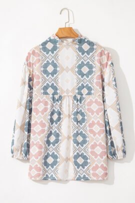 Khaki Geometric Print Tassel Tie Split Neck Balloon Sleeve Blouse - Image 6