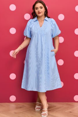 Sky Blue Stripe Shirred Detail Collar V Neck Plus Size Midi Dress - Image 8