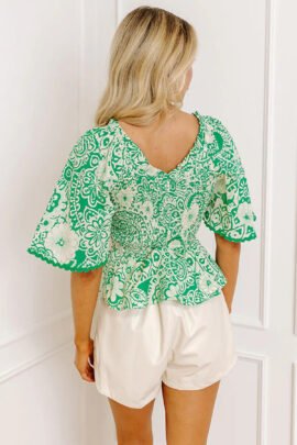 Green Flirty Floral Smocked V Neck Blouse Green Flirty Floral Smocked V Neck Blouse - Image 2