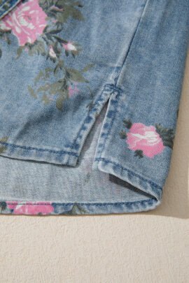 Blue Bracelet Sleeve Floral Denim Shirt - Image 5
