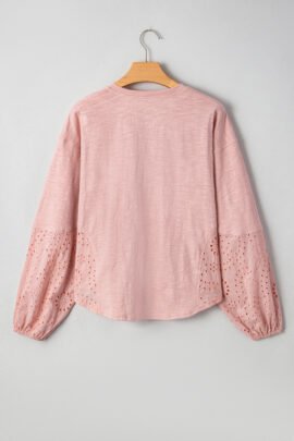 Light Pink Keyhole Notch V Neck Batwing Sleeve Blouse Light Pink Keyhole Notch V Neck Batwing Sleeve Blouse - Image 7