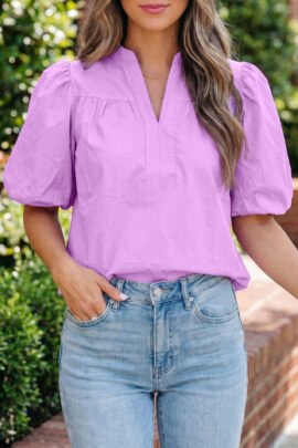 Phalaenopsis Stitched Detail V Neck Puffy Half Sleeve Blouse Phalaenopsis Stitched Detail V Neck Puffy Half Sleeve Blouse - Image 2