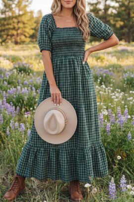 Vintage Plaid Smocked Square Backless Maxi Dress | Retro