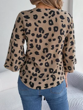 Leopard Print Tie Front V-Neck Blouse - Image 6
