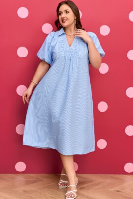 Sky Blue Stripe Shirred Detail Collar V Neck Plus Size Midi Dress - Image 7