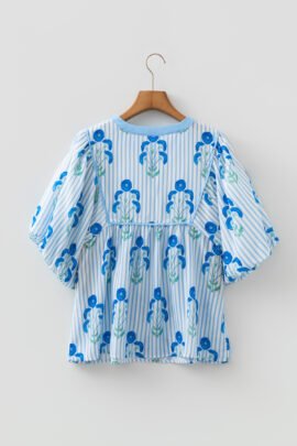 Sky Blue Floral Print Tie Neck Puff Sleeve Blouse Sky Blue Floral Print Tie Neck Puff Sleeve Blouse - Image 6