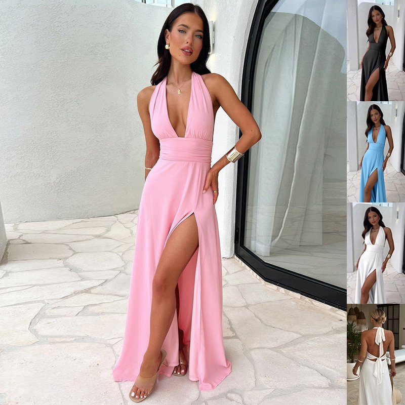 Sexy Halterneck V-neck Slit Dress Summer Backless Strappy Skirt Fashion Temperament Clothing Women Sexy Halterneck V-neck Slit Dress Summer Backless Strappy Skirt Fashion Temperament Clothing Women