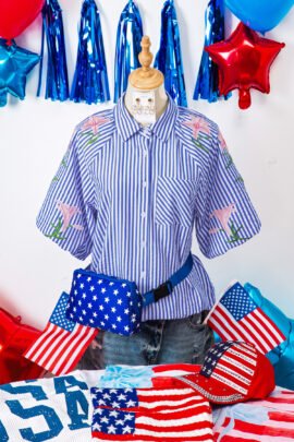 Sky Blue Stripe Lily Floral Embroidered Puff Sleeve Button Down Shirt Sky Blue Stripe Lily Floral Embroidered Puff Sleeve Button Down Shirt - Image 4