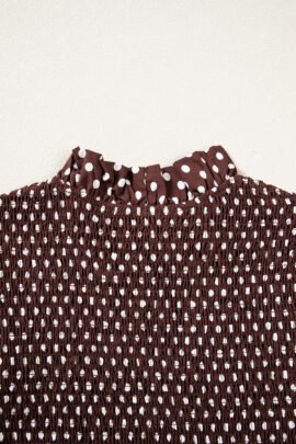 Brown Polka Dot Ruffled High Neck Shirred Ruffle Hem Blouse Brown Polka Dot Ruffled High Neck Shirred Ruffle Hem Blouse - Image 8