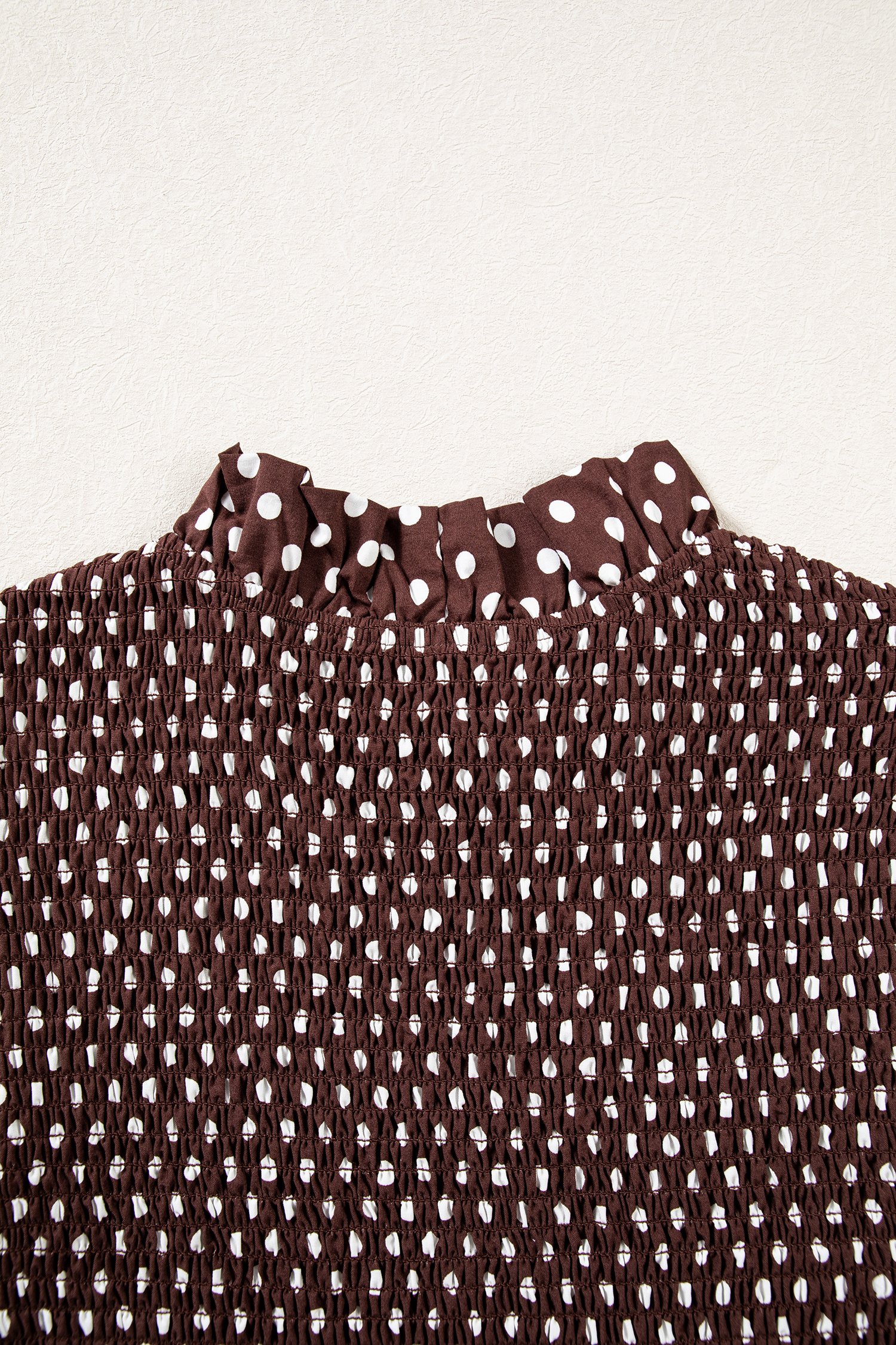 Brown Polka Dot Ruffled High Neck Shirred Ruffle Hem Blouse Brown Polka Dot Ruffled High Neck Shirred Ruffle Hem Blouse - Image 8
