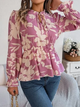 Floral Print Mock Neck Peplum Blouse