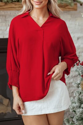 Fiery Red V Neck Collared Shirred 3/4 Sleeve Oversized Tunic Top Fiery Red V Neck Collared Shirred 3/4 Sleeve Oversized Tunic Top - Image 7