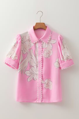 Green Floral Ric Rac Edge Puff Sleeve Button Up Summer Shirt - Image 9