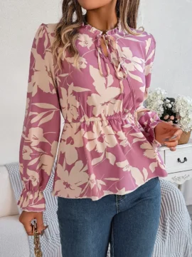 Floral Print Mock Neck Peplum Blouse - Image 5