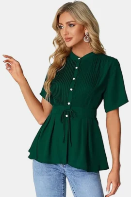 Pleated Peplum Button Down Blouse