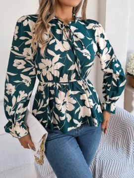 Floral Print Mock Neck Peplum Blouse - Image 11