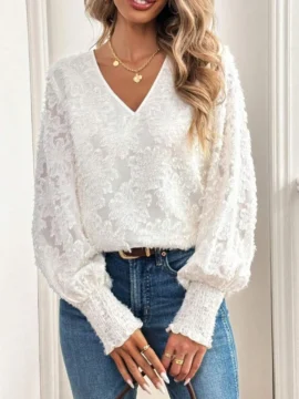 Textured Eyelash Lace V-Neck Blouse - Image 2