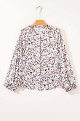 Khaki Bold Floral Print Frilled Puff Sleeve Button Down Shirt - Image 8