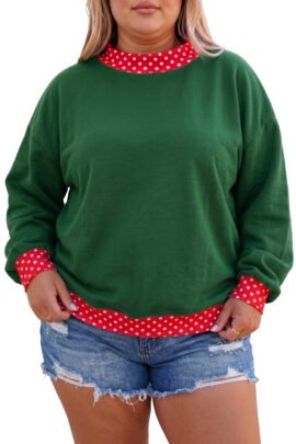 Racing Red Polka Dot Patchwork Round Neck Plus Size Sweatshirt - Image 38