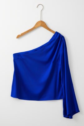 Dark Blue Asymmetric One Shoulder Bell Sleeve Satin Blouse Dark Blue Asymmetric One Shoulder Bell Sleeve Satin Blouse - Image 5