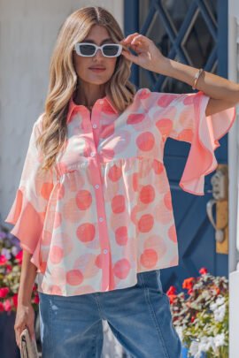 Pink Double Polka Dot Printed Ruffle Trim Short Sleeve Babydoll Shirt - Image 4