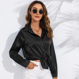 Women's Solid Color Satin Satin Long Sleeve Blouse - Image 2