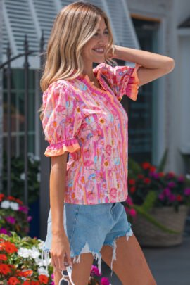 Pink Poppy Flower Striped Print Color Block Trim V Neck Short Sleeve Blouse Pink Poppy Flower Striped Print Color Block Trim V Neck Short Sleeve Blouse - Image 3