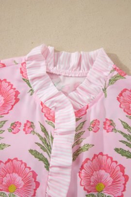 Pink Sweet Blooms Ruffle Striped Trim Puff Sleeve Shirt Pink Sweet Blooms Ruffle Striped Trim Puff Sleeve Shirt - Image 5