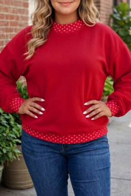 Racing Red Polka Dot Patchwork Round Neck Plus Size Sweatshirt - Image 48