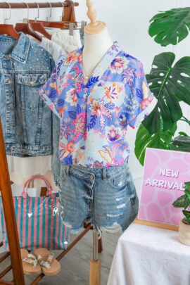Purple Vacation Floral Print V Neck Short Sleeve Blouse - Image 5