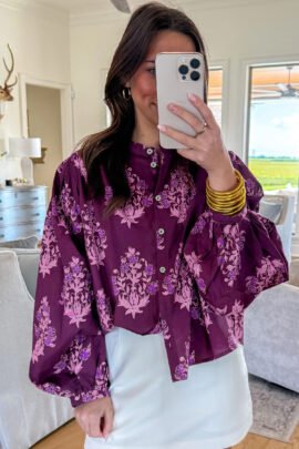 Purple Floral Print Button Front Long Puff Sleeve Shirt Purple Floral Print Button Front Long Puff Sleeve Shirt - Image 4