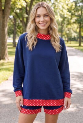 Dark Blue Polka Dot Trim Baggy Pullover 2pcs Short Set - Image 49