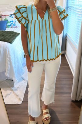 Sky Blue Stripe Ricrac Trim Double Ruffled Short Sleeve V Neck Blouse - Image 3