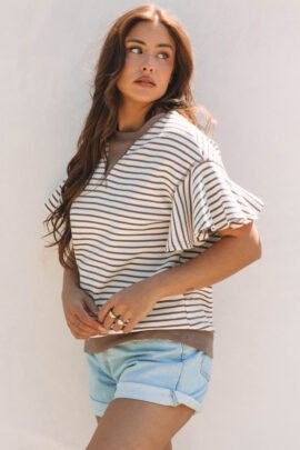 Parchment Contrast Detail Striped Ruffle Short Sleeve Top Parchment Contrast Detail Striped Ruffle Short Sleeve Top - Image 3