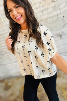Beige Bow Print Puff Short Sleeve Top - Image 2