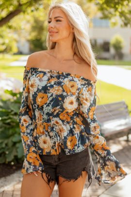 Blue Floral Off Shoulder Bell Sleeve Smocked Peplum Top - Image 8