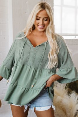 Laurel Green Tie Split Neck Textured Ruffle Patchwork Blouse - Image 8