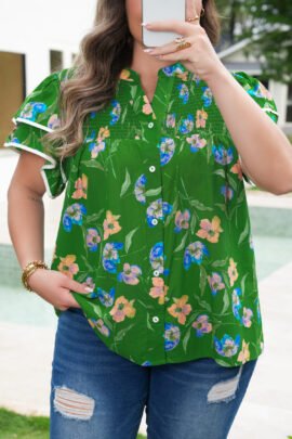 Green Plus Size Ruffled Short Sleeve Floral Top Green Plus Size Ruffled Short Sleeve Floral Top - Image 6