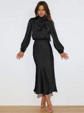 Elegant Temperament Long-sleeved Dress Satin Halterneck Formal Evening Dresses Women Clothing Elegant Temperament Long-sleeved Dress Satin Halterneck Formal Evening Dresses Women Clothing - Image 5