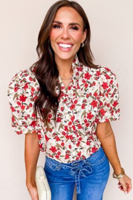 Red Floral Print Short Puff Sleeve Button Front Shirt Red Floral Print Short Puff Sleeve Button Front Shirt - Image 3