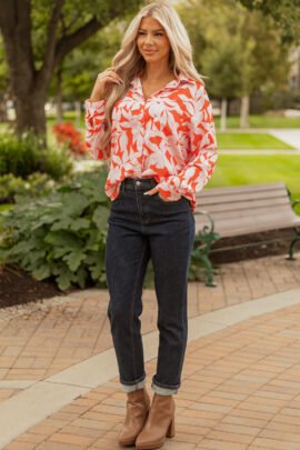 Orange Botanical Print Single Chest Pocket Button Up Shirt - Image 7