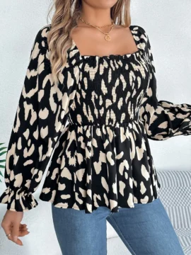 Leopard Print Smocked Square Neck Blouse Leopard Print Smocked Square Neck Blouse - Image 3
