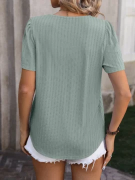 Square Neck Pleated Knit Summer Blouse - Image 29