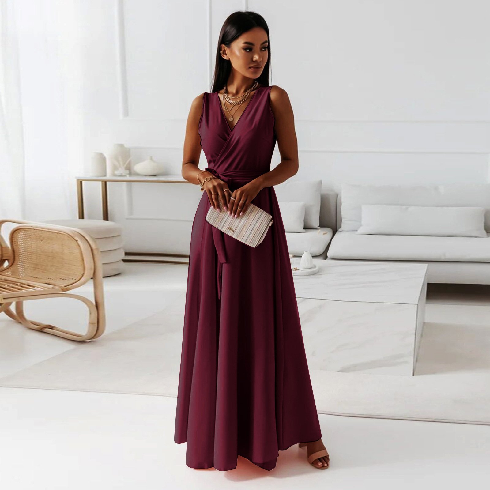 V-neck Sleeveless Dress With Belt Summer Fashion Party Club Evening Maxi Dresses For Women Clothing V-neck Sleeveless Dress With Belt Summer Fashion Party Club Evening Maxi Dresses For Women Clothing - Image 8